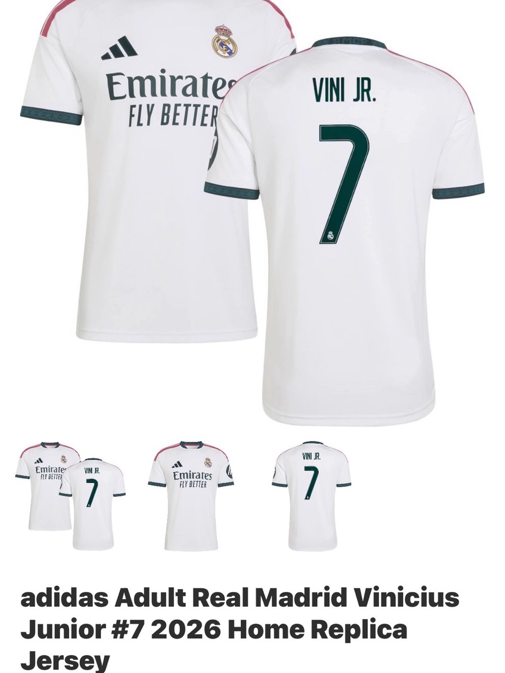adidas AS Soccer Jersey White with Dark Green Accents Vini JR. #7